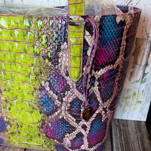 NEW BRAHMIN BROOKE TOTE ASSORTED WITH MATCHING WRISTLET NEON SNAKE LEATHER BAG - Picture 6 of 14